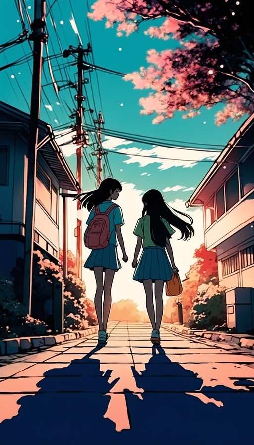 Two anime girls in school uniforms walking hand in hand down a street under cherry blossom trees.