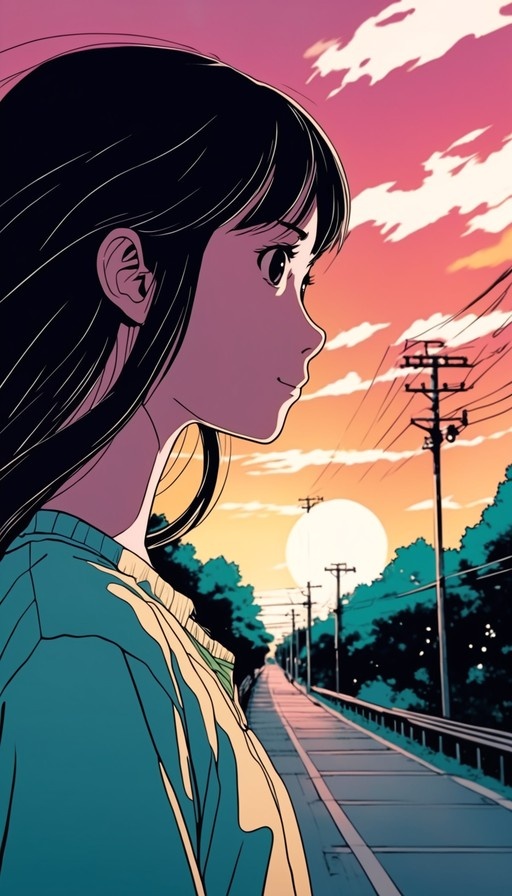 Anime-style illustration of a girl in profile with long black hair, looking toward a road and utility poles under a pink and orange sunset sky.