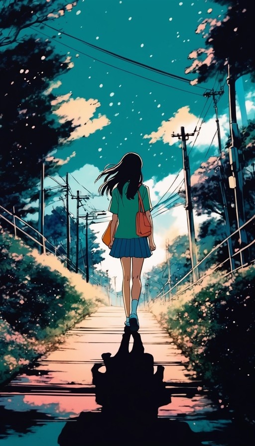 An anime-style illustration of a young woman with long black hair walking away down a sunlit road lined with trees and utility poles under a bright blue sky.