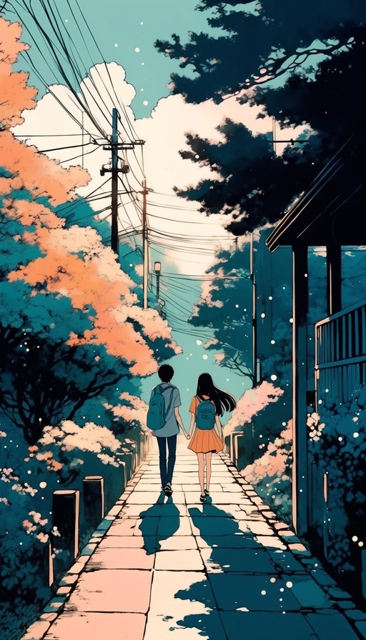 An anime-style illustration of a boy and girl holding hands and walking away down a stone path lined with pink cherry blossom trees and utility poles under a blue sky.