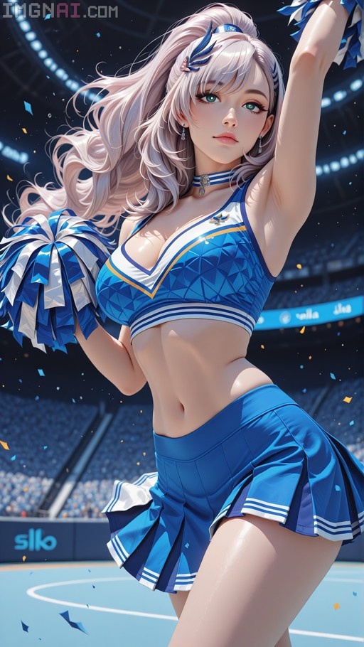 Pavolia Reine in a blue and white cheerleader uniform holding pom-poms on a stadium court with confetti falling.