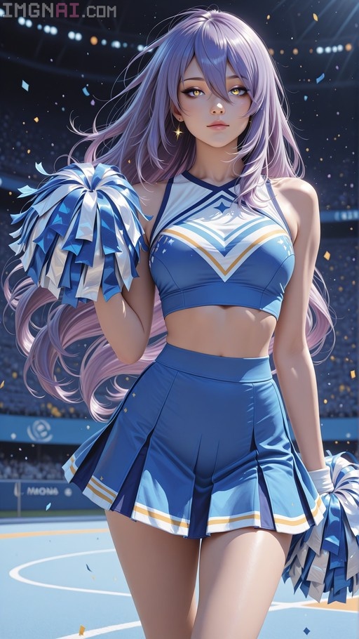 An anime-style girl with long purple hair and golden eyes wearing a blue cheerleading uniform and holding pom-poms in a stadium with falling confetti.