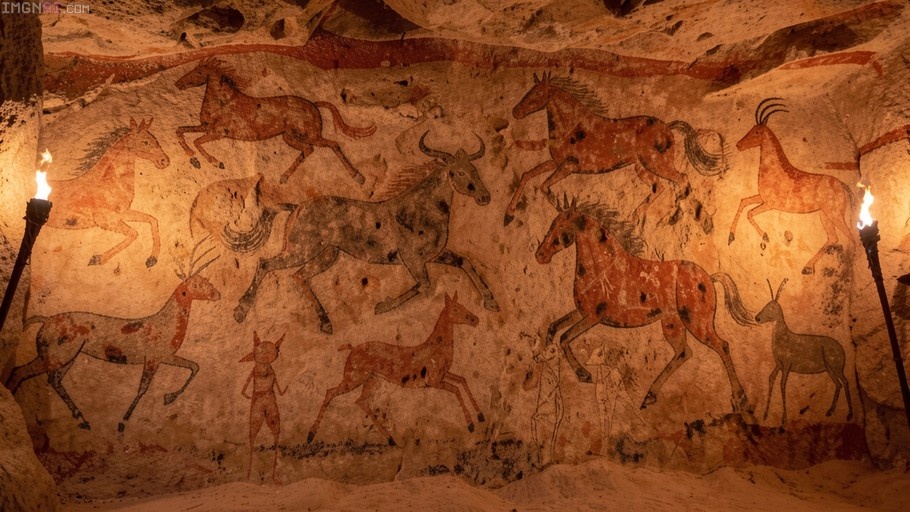 A panoramic view of a prehistoric cave wall featuring paintings of running horses, deer, and aurochs in ochre tones, illuminated by torches, with stylized catgirl figures integrated into the primitive artwork.