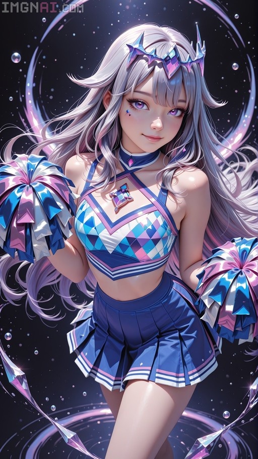 Koseki Bijou from Blue Archive in a blue and white cheerleading uniform holding pom-poms against a magical background.