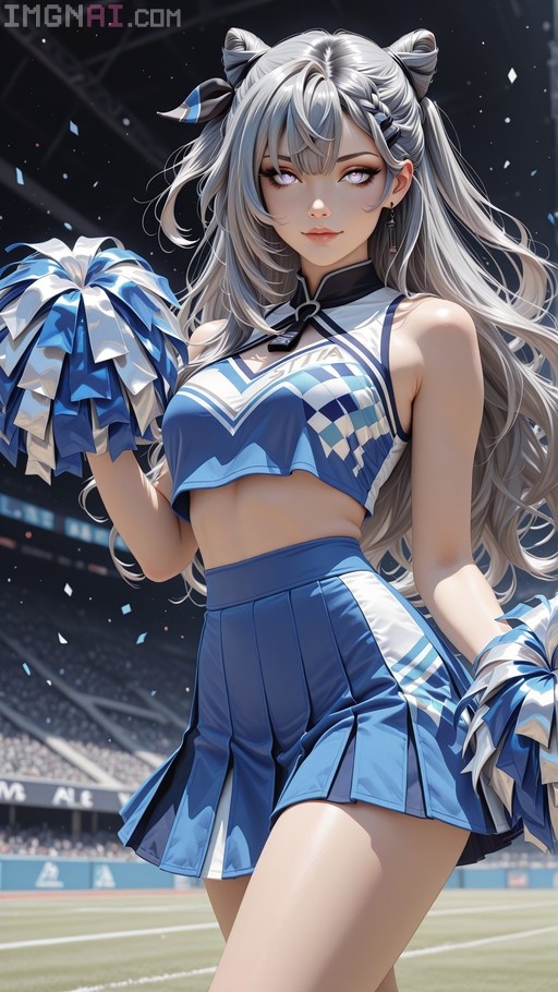 Vestia Zeta in a blue and white cheerleader outfit holding pom-poms on a stadium field.