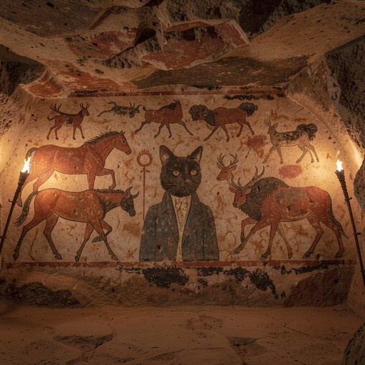 A digital illustration of a prehistoric cave mural featuring a formal black cat in a blue suit surrounded by paintings of horses and deer, illuminated by torches.