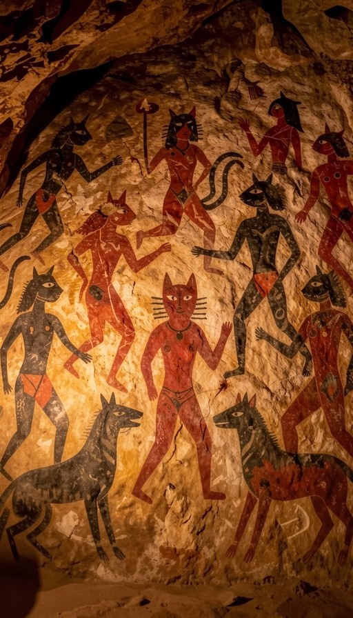 A digital cave painting showing reddish cat-headed women and black jackal-headed figures walking on a textured rock wall.
