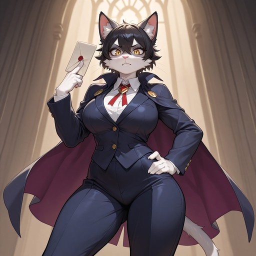 A confident anthropomorphic cat girl with black hair and yellow eyes stands in a suit and cape, holding up a sealed envelope while looking at the viewer.