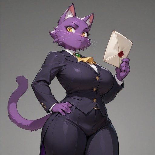 A purple furred female cat character in a dark business suit holding an envelope with a red wax seal against a grey background.