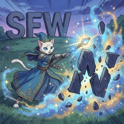 A white anthropomorphic cat in a blue wizard outfit casts a glowing spell with a staff near large stone letters spelling "SFW".