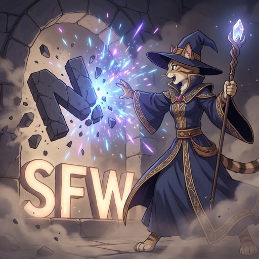 Anthropomorphic cat wizard in a blue robe and pointed hat casting magic at a breaking stone wall behind glowing SFW text.