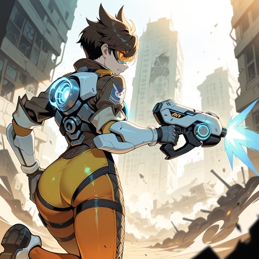Tracer from Overwatch fires her pulse pistol with blue energy blasts while running through a destroyed city street, wearing her signature orange goggles and yellow bodysuit.