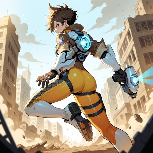 Tracer from Overwatch in an anime style, leaping through a ruined city while firing a glowing blue pulse pistol.