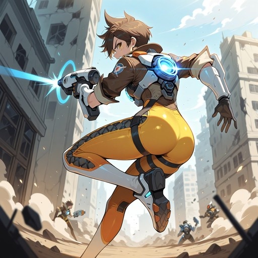 Tracer from Overwatch jumping through a city street while firing her pulse pistol.