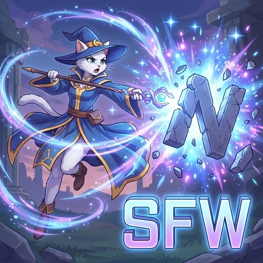 A white anthropomorphic cat girl wearing a blue wizard hat and robe casts magic from her staff, breaking floating rocks in ancient ruins.