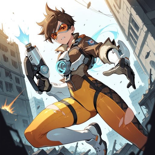 Tracer from Overwatch firing her weapons in an urban battle scene