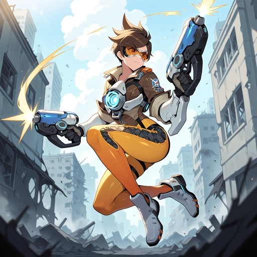 Tracer from Overwatch jumps through a destroyed city while firing two blue energy pistols.