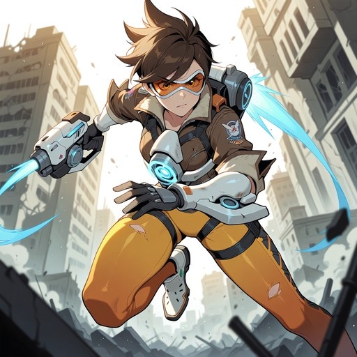 Tracer from Overwatch jumping through a city with her pulse pistols firing blue energy beams.