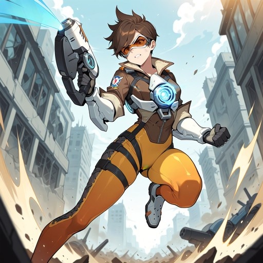 Tracer from Overwatch jumping through a city street while firing her pulse pistol.