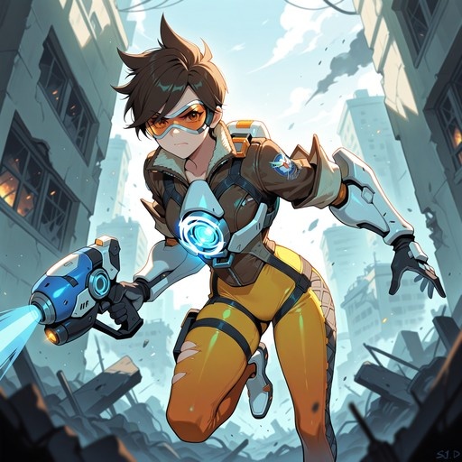 Tracer from Overwatch leaping through a ruined city while firing her blue energy gun.
