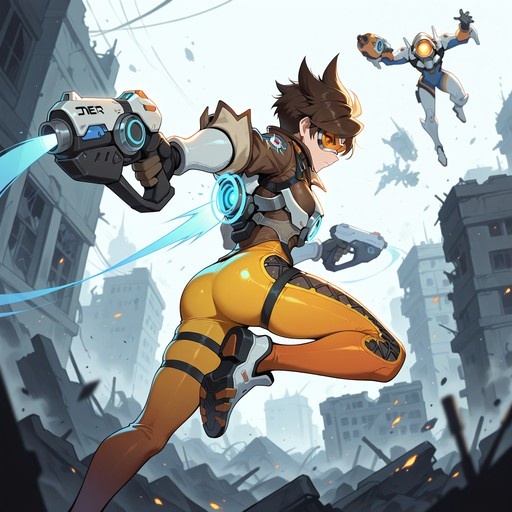 Tracer from Overwatch leaps through a destroyed cityscape while firing dual pulse pistols.