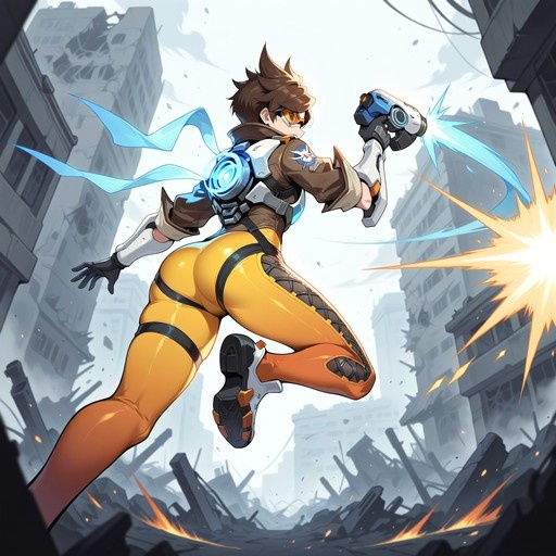 Tracer from Overwatch leaping through a destroyed cityscape while firing her pulse pistols.