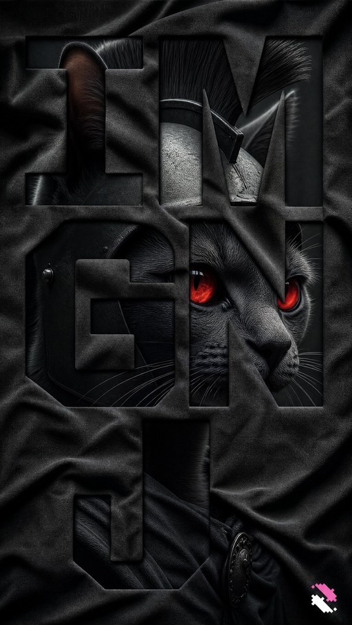 A black cat with glowing red eyes and white whiskers wearing a metallic helmet, fragmented by dark geometric shapes in a stylized digital illustration.
