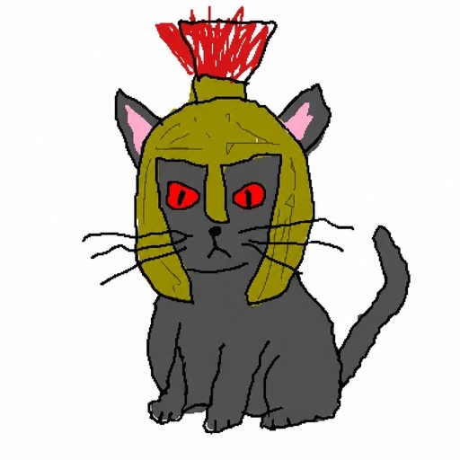 A grey cat with red eyes sits wearing a green helmet with a red plume on a white background.