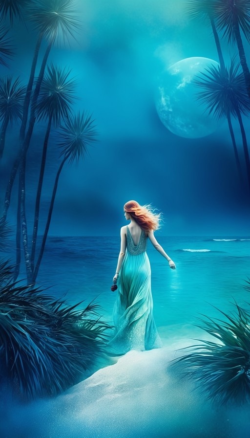 A woman with red hair in a backless blue dress stands on a sandy beach at night, gazing at the ocean under a large full moon surrounded by palm trees.