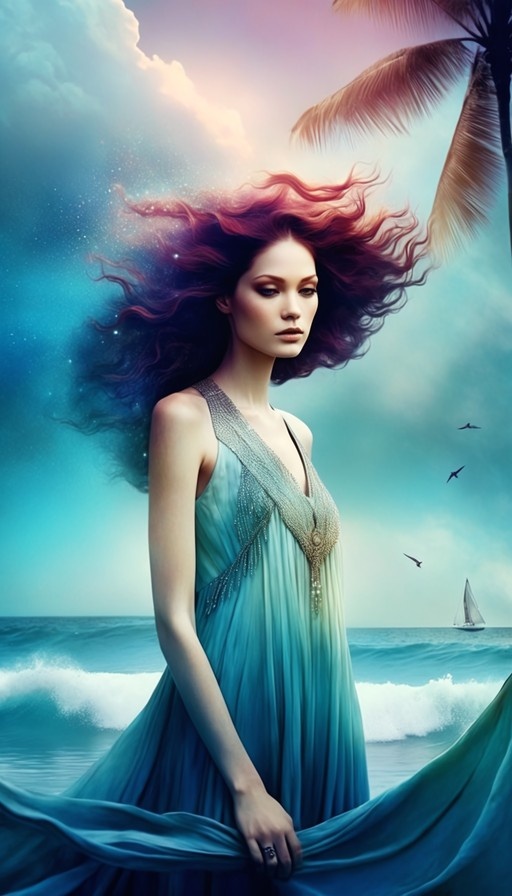 A woman with long red and blue hair wearing a blue dress stands on a beach with waves and a sailboat in the background.