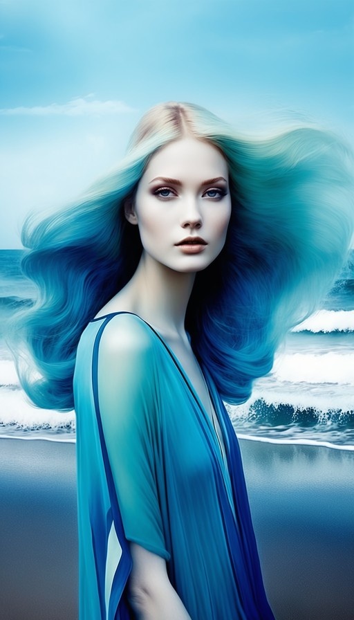 A realistic digital portrait of a young woman with long, flowing gradient blue hair standing on a sandy beach with crashing ocean waves behind her.
