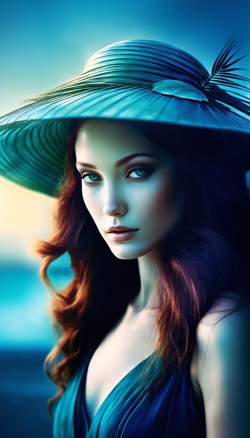 Close-up portrait of a woman with long wavy red hair and blue eyes, wearing a wide-brimmed hat with a feather accent.