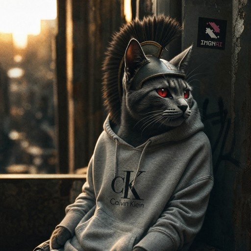 A photorealistic grey cat with red eyes wearing a Calvin Klein hoodie and a helmet with a fur crest in an urban setting.