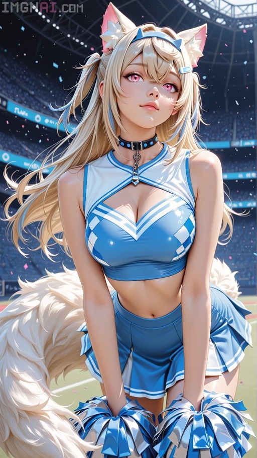 Fuwawa Abyssgard in a blue and white cheerleader outfit holding pom-poms in a stadium.