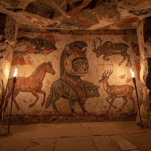 A sepia-toned mural of an armored cat warrior standing among horses and deer inside a torch-lit cave.