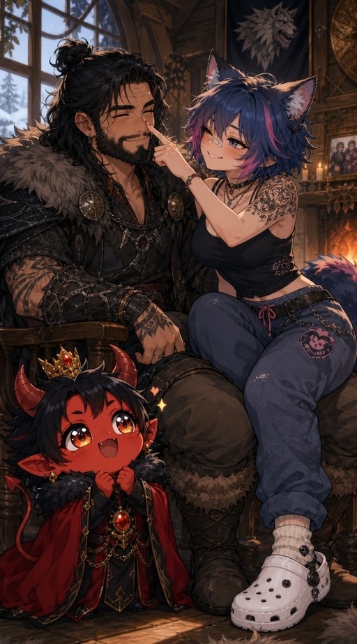 A dark-skinned demon warrior sits indoors while a blue-haired cat girl playfully pokes his cheek, accompanied by a small red demon child wearing a crown.