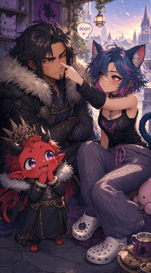 A blue-haired catgirl pokes the nose of a grumpy warrior while a small red demon in a crown watches happily.