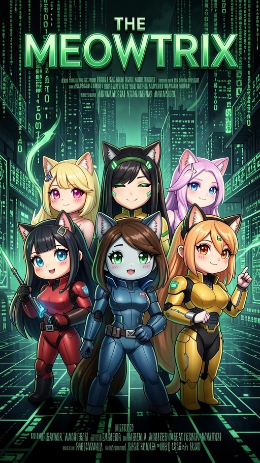 Six chibi cat-girls in colorful bodysuits pose under the title "The Meowtrix" against a backdrop of green digital rain and neon city buildings.