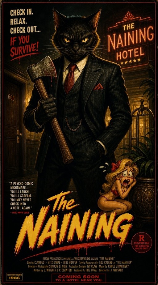 A retro horror movie poster titled 'The Naining' showing a large anthropomorphic black cat in a pinstripe suit holding a bloody axe while a terrified blonde woman cowers beside him near a hotel door marked 666.