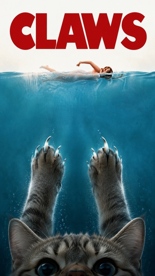 A tabby cat underwater looking up at a swimming woman with the word CLAWS in red text above.