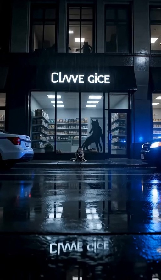 A Maine Coon detective wearing a trench coat and headset holds a megaphone outside a rainy pet store at night while negotiating with a white Persian cat inside.