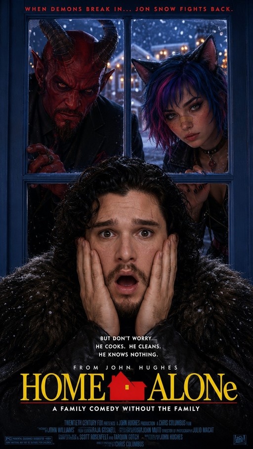 Jon Snow looks scared in a Home Alone parody poster while a red demon and a cat-girl look through the window.