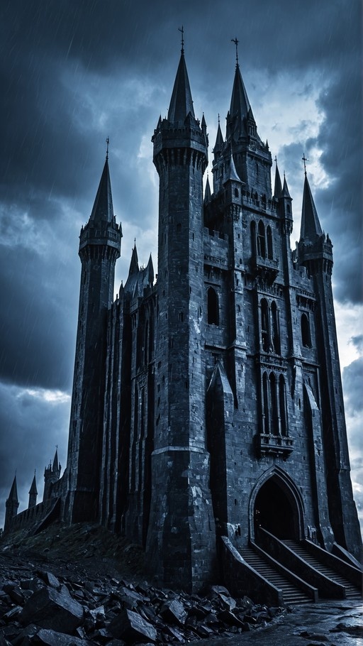 A tall dark stone castle with multiple pointed towers stands in the rain under a cloudy blue sky.