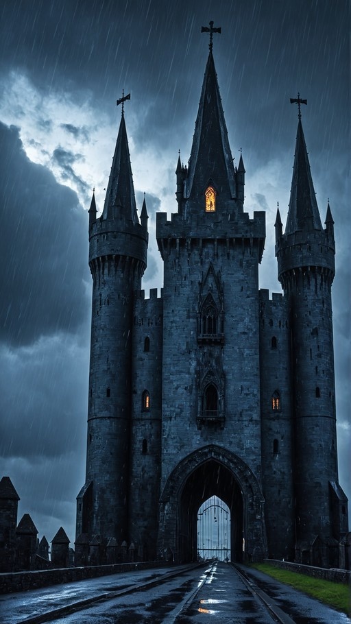 A dark stone castle with three pointed towers rises against a rainy sky, featuring an arched gateway over a wet road and warm light glowing from the windows.