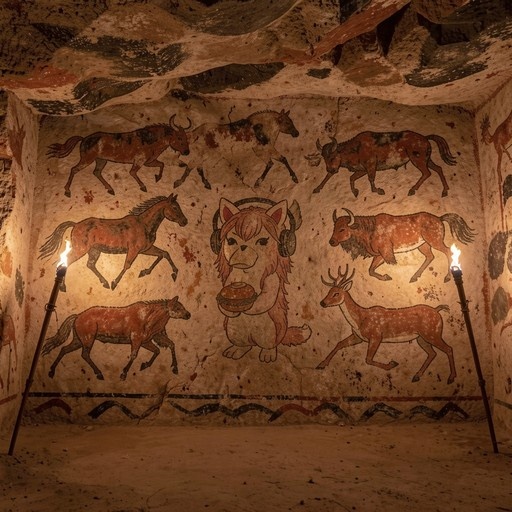An anthropomorphic Megurine Luka wearing headphones and holding a burger stands in the center of a prehistoric cave painting surrounded by painted animals.