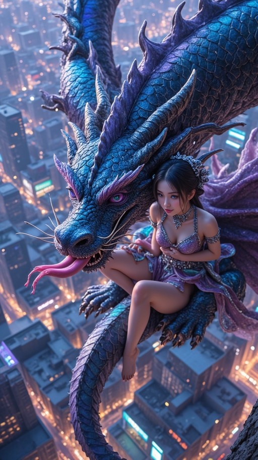 A young woman with black hair wearing a purple dress and jewelry sits barefoot on the back of a large blue dragon with horns and whiskers, flying over a city at night.