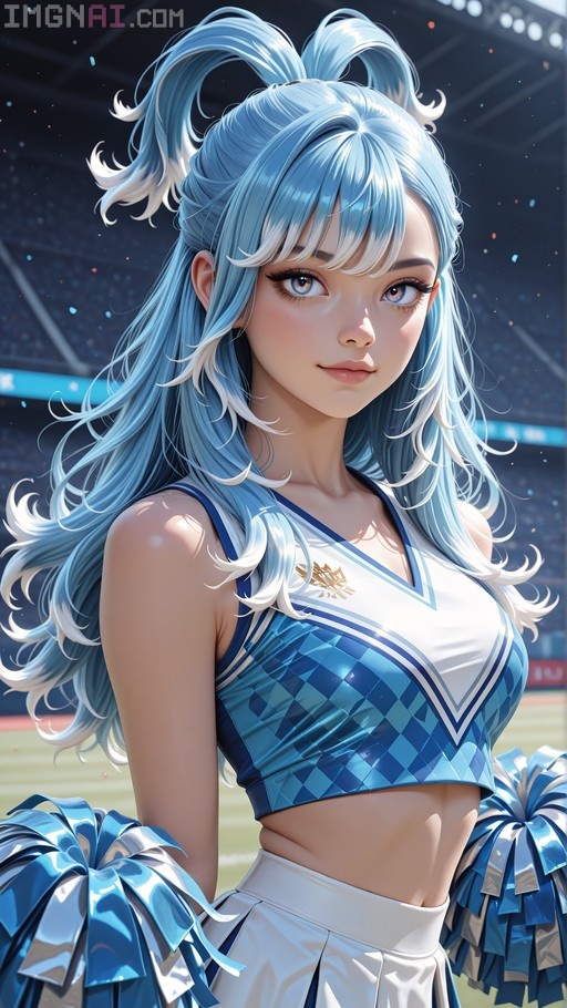 Kobo Kanaeru with long blue hair wearing a blue and white cheerleader outfit and holding large blue pom-poms.