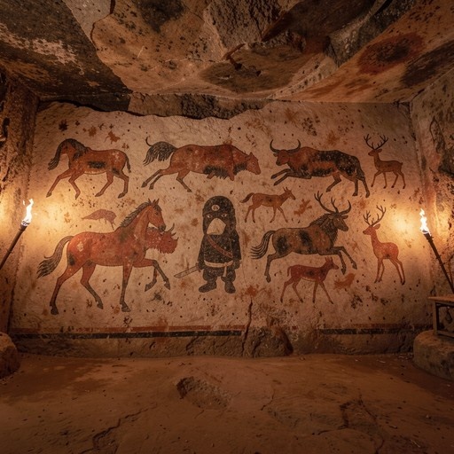 A prehistoric-style cave painting featuring running horses, deer, and bison surrounding a small chibi ninja warrior holding a sword, illuminated by torchlight.
