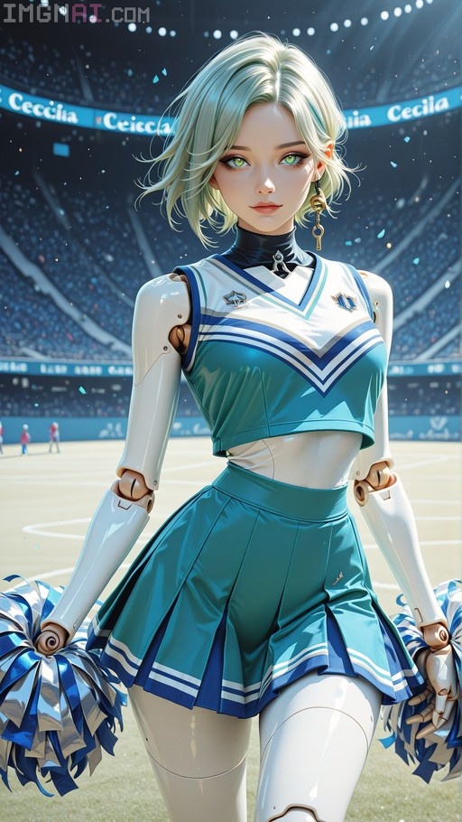 An android cheerleader with short platinum hair and green eyes holds blue and silver pom-poms while wearing a blue and white uniform in a stadium.