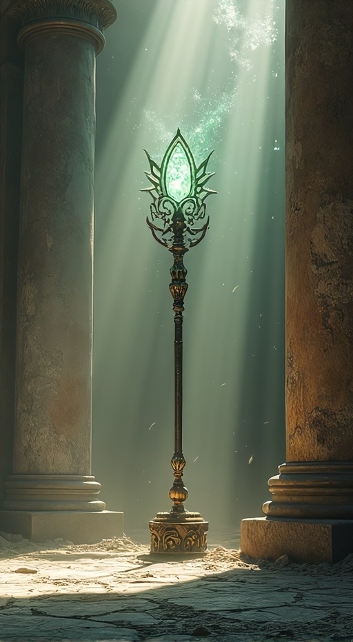 A glowing green gem staff stands between two large weathered stone pillars in a sunlit ruin with dramatic light rays.